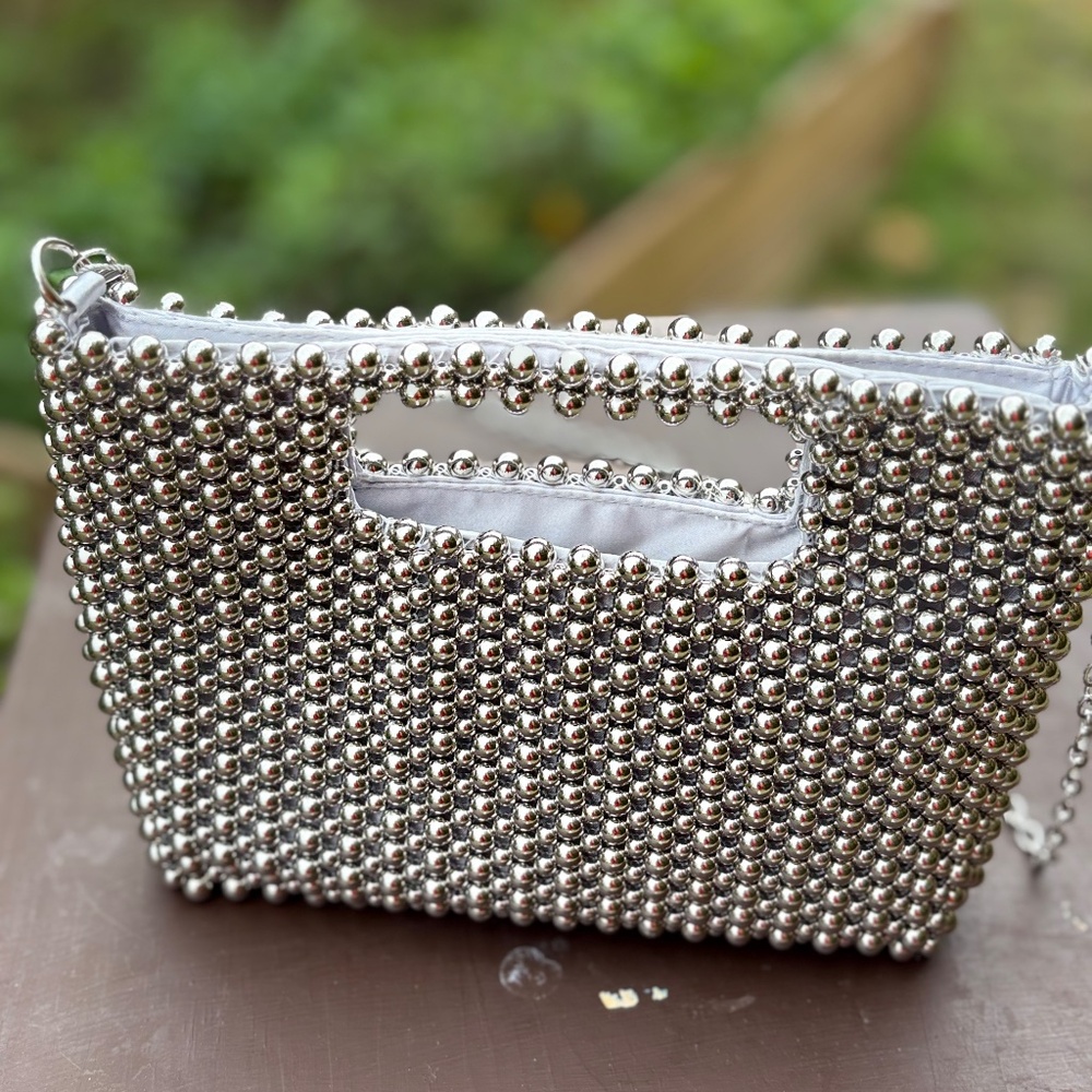 New With Tag — Hand-Beaded Silver Evening Shoulder Bag / Clutch